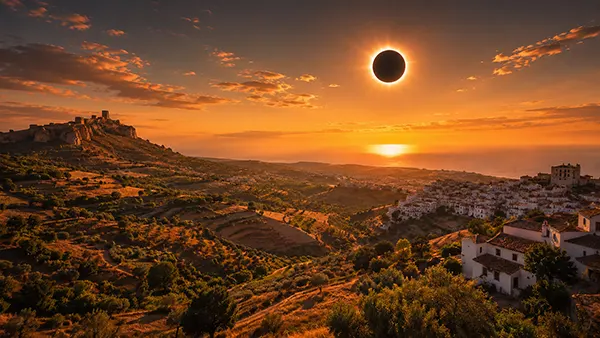 Éclipse au coucher du soleil en Espagne